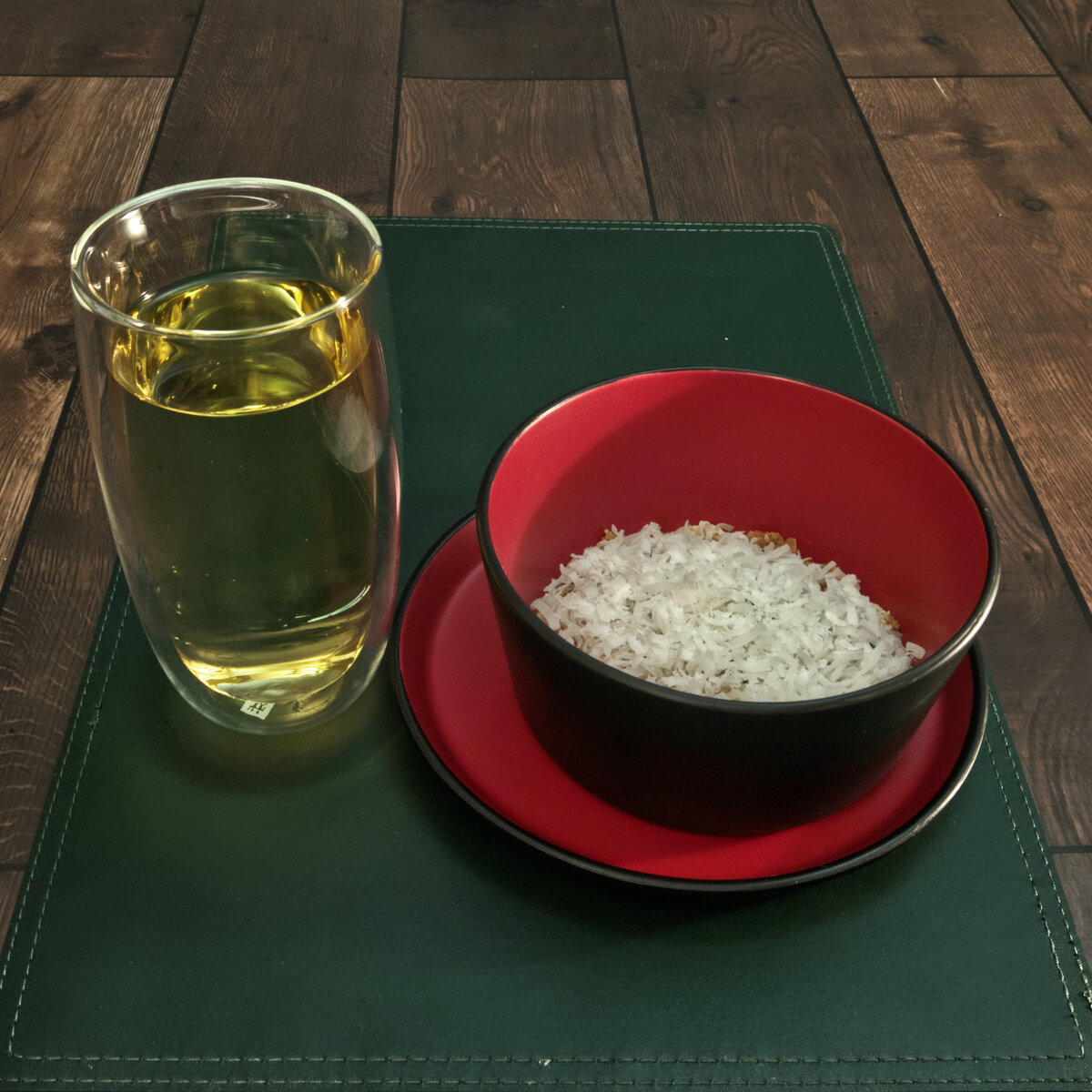 Oats, Coconut Spice Granola and Shredded Coconut with Apple Juice