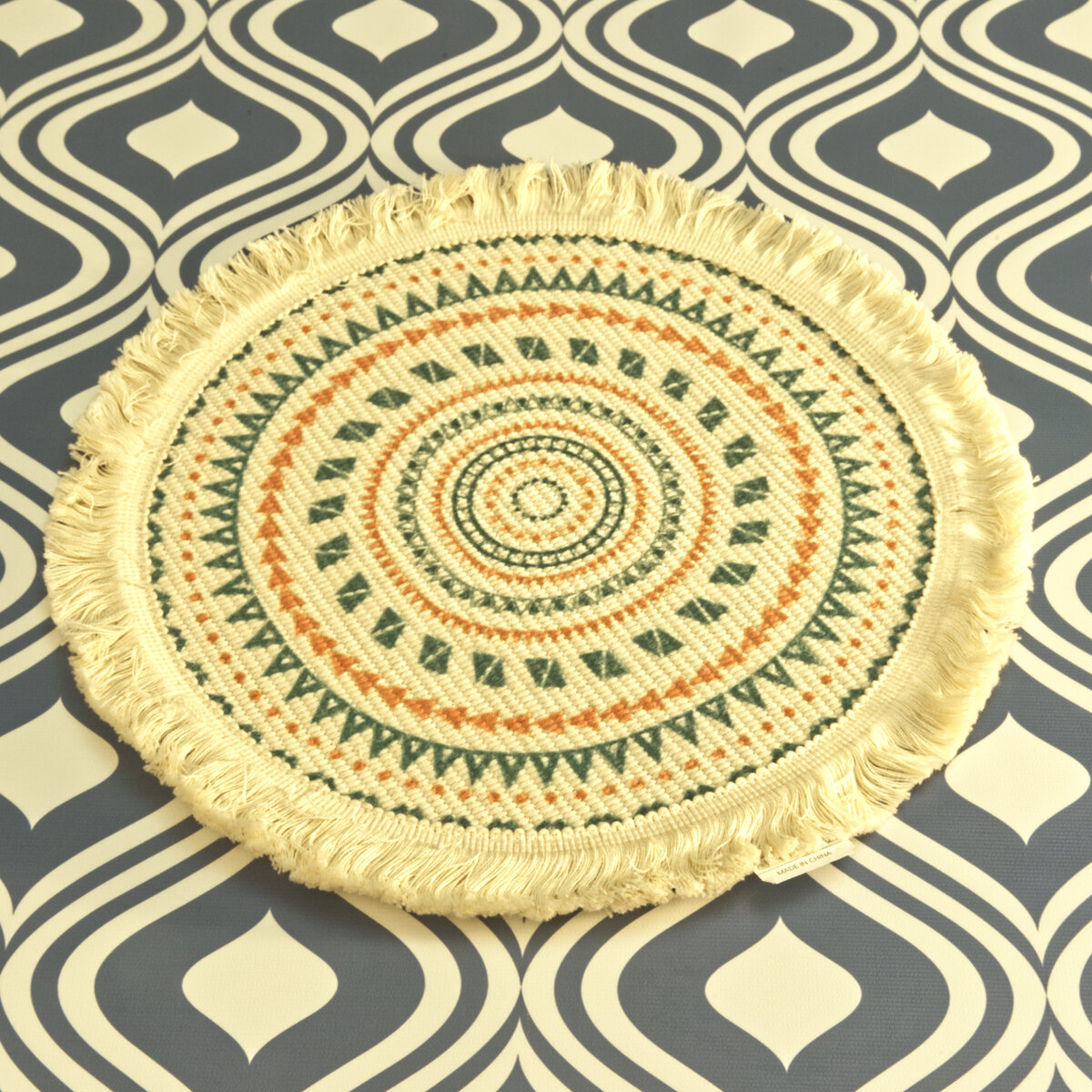 Orange and Blue Frilled Geometric Pattern Round Placemat