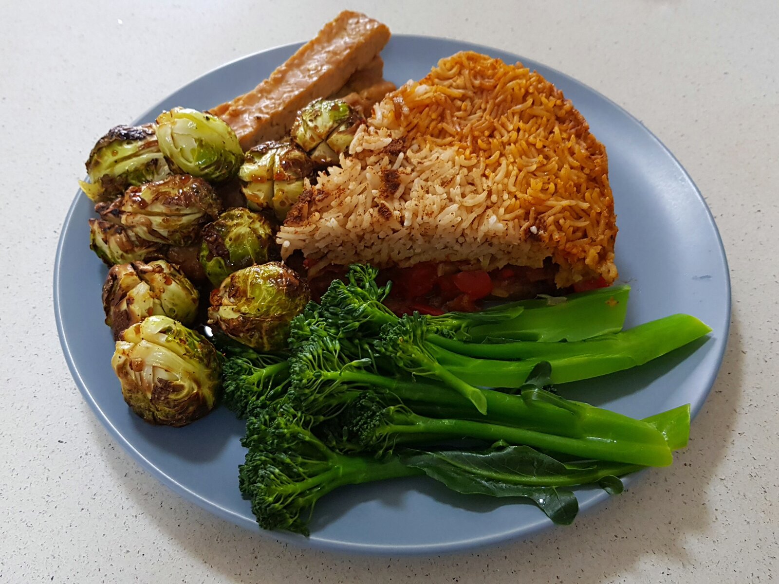Palestinian Upside down Rice, homegrown broccoli, roasted sprouts and roasted tempeh
