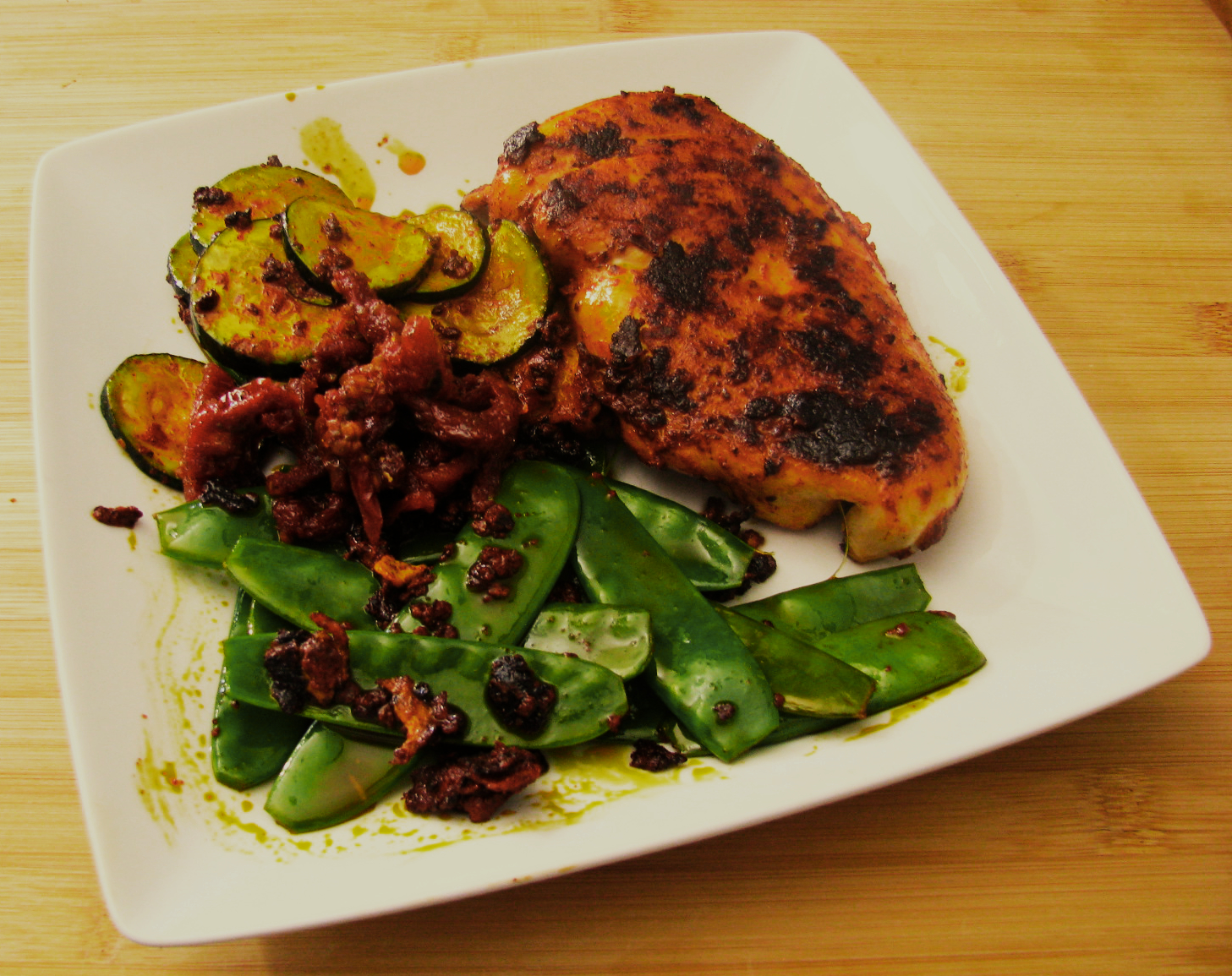 Peach Achiote Rubbed Chicken with Snow Peas and Zucchini