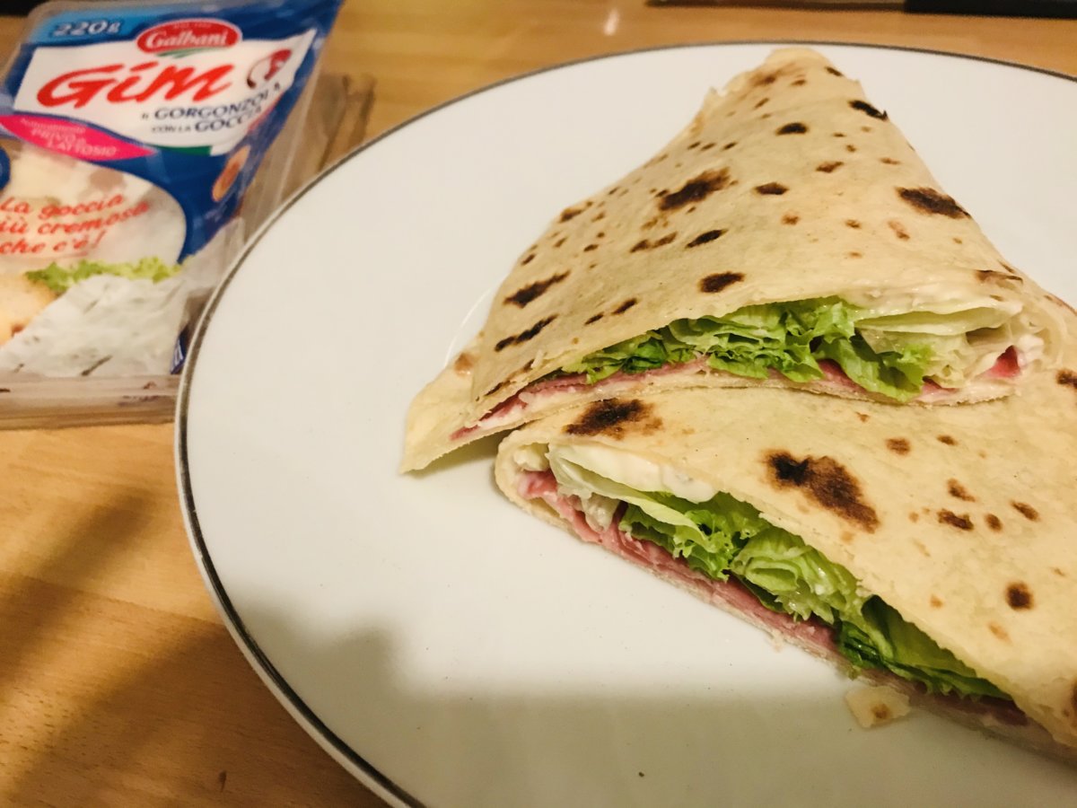 Piadina stuffed with Gorgonzola, salame and salad.jpeg