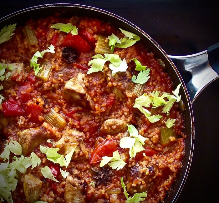 Pomegranate Chicken Stew with Celery an Bulgur