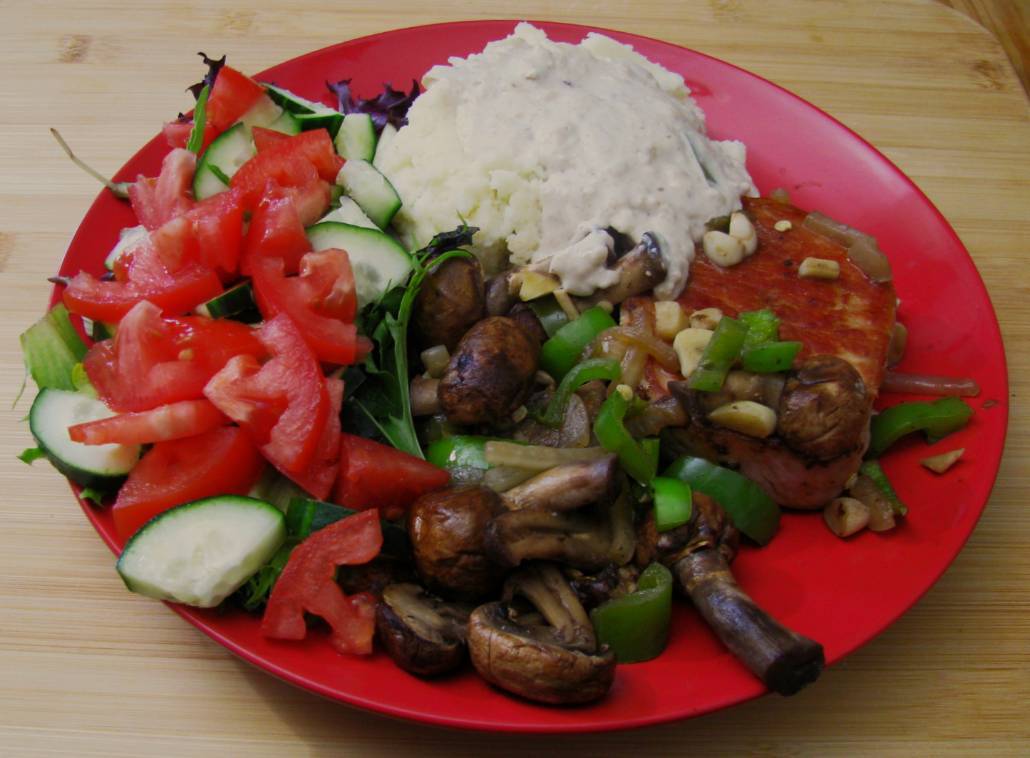 Pork Chop with Mushrooms, Mashed Potatoes and Salad