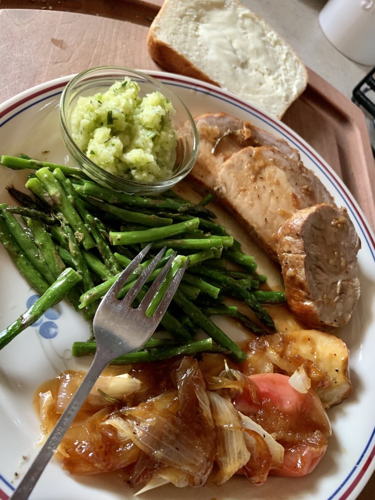 Pork Roast, Sautéed Asparagus, And Green Apple Sauce