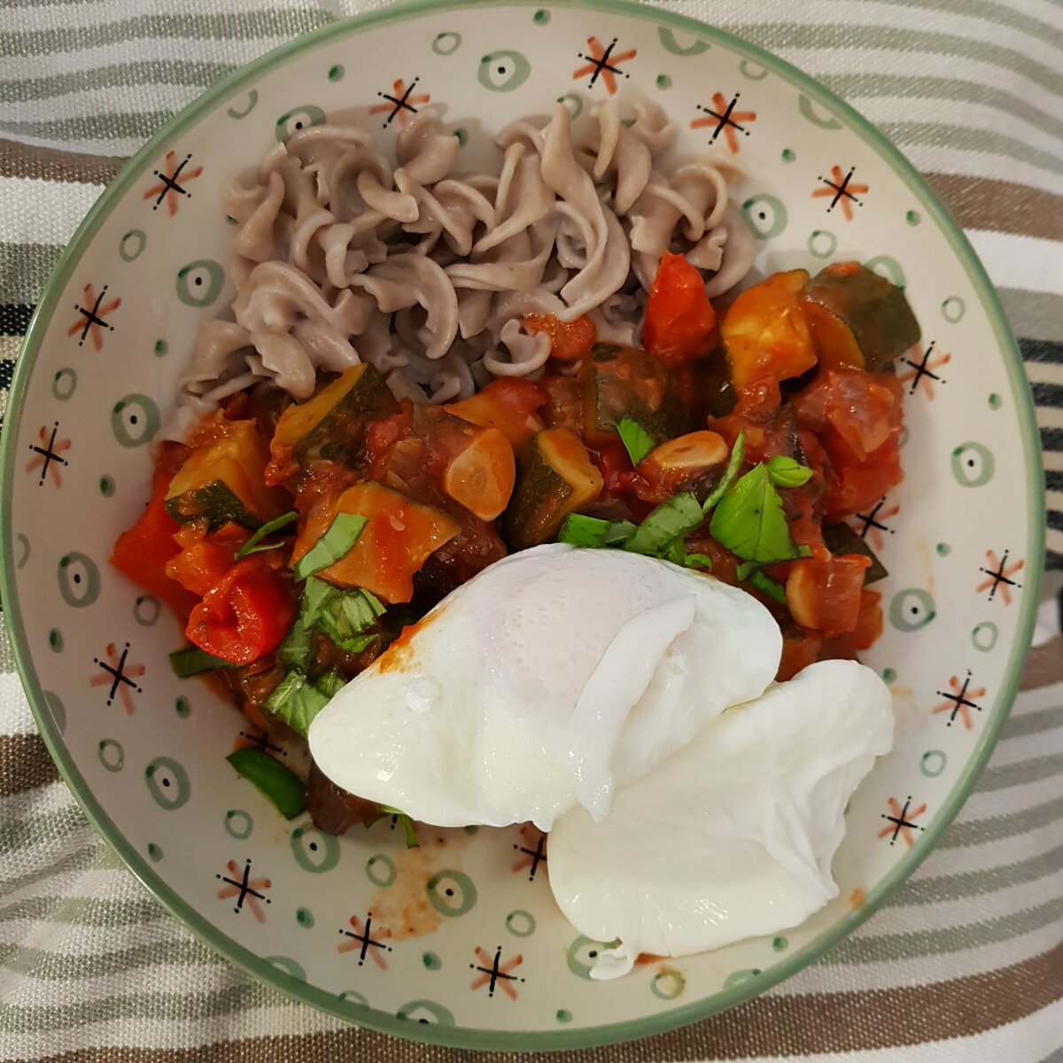 Ratatouille, Poached Eggs & Hemp pasta