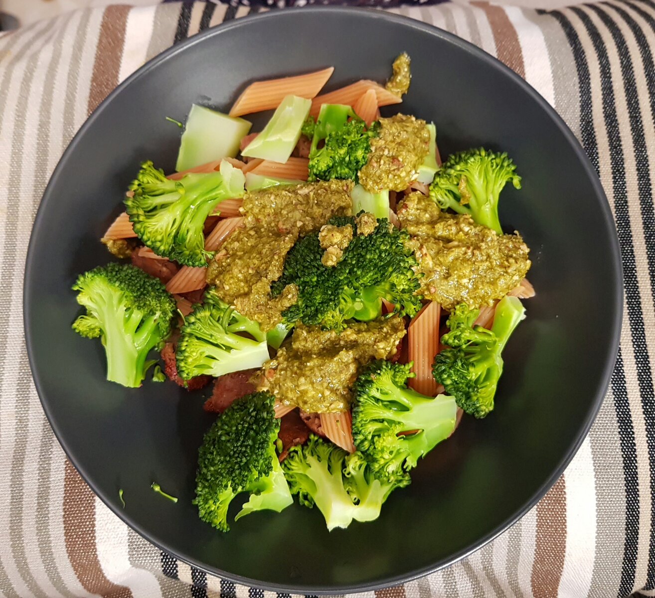 Red Lentil Pasta, Broccoli and Beyond Meat Burger with vegan Pesto