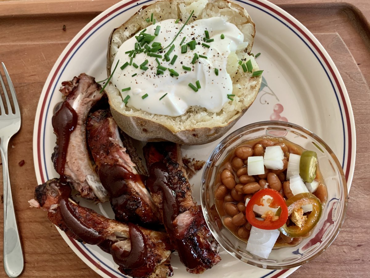 Ribs, Baked Potato, Baked Beans