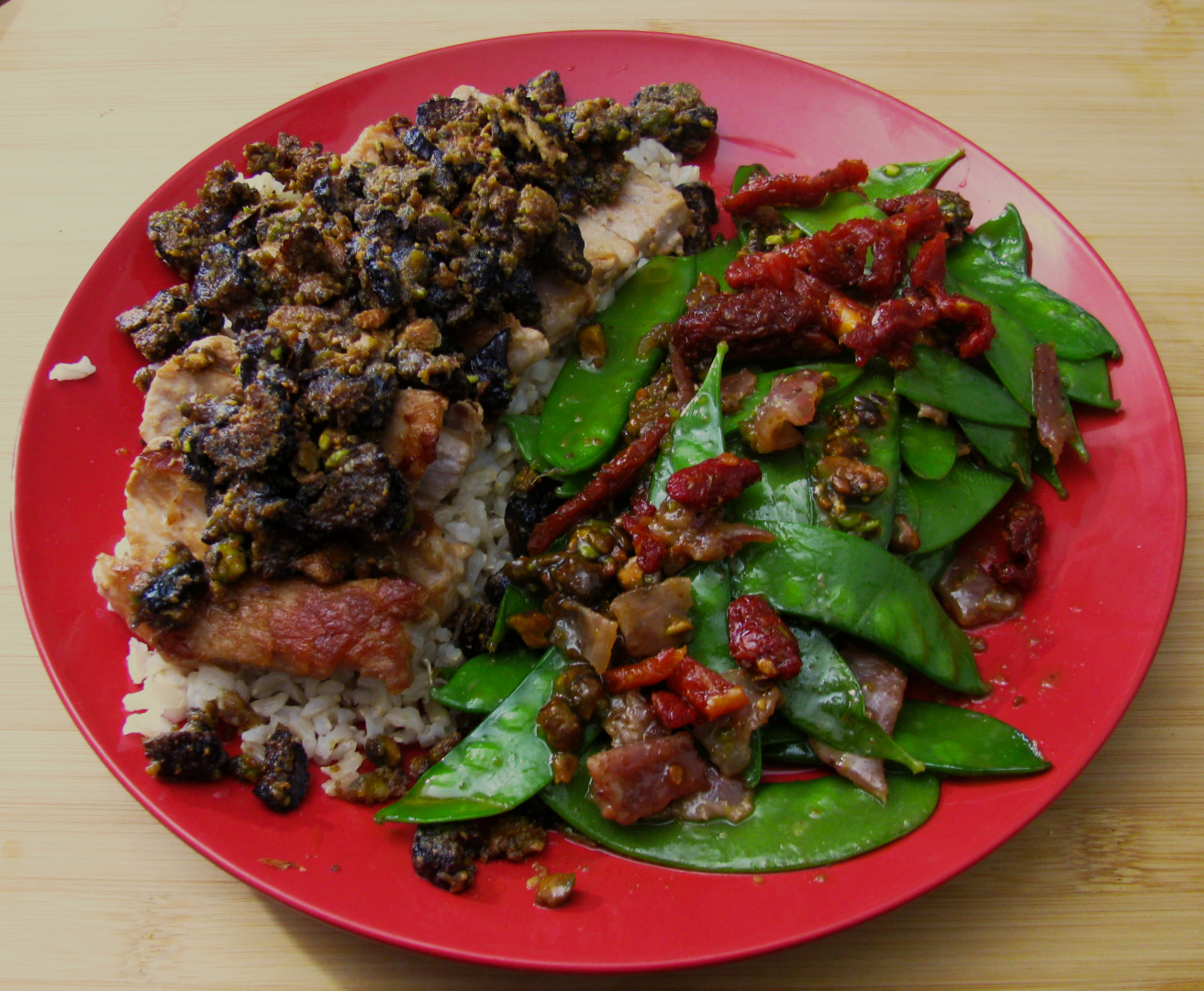 Rice Bedded Pork with Pistachio Blanket and Pistachio Honied Snow Peas