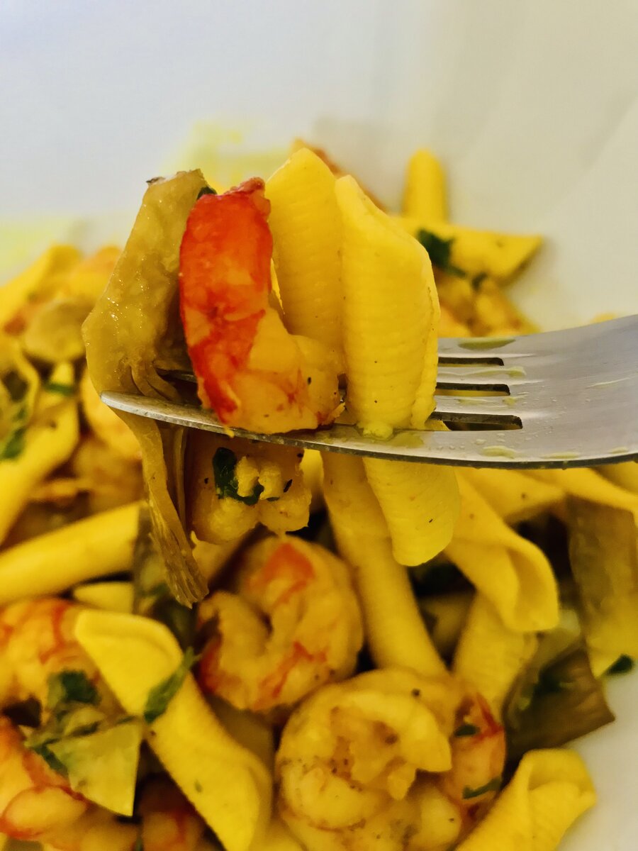 Saffron Garganelli with Prawns and Artichokes.jpeg