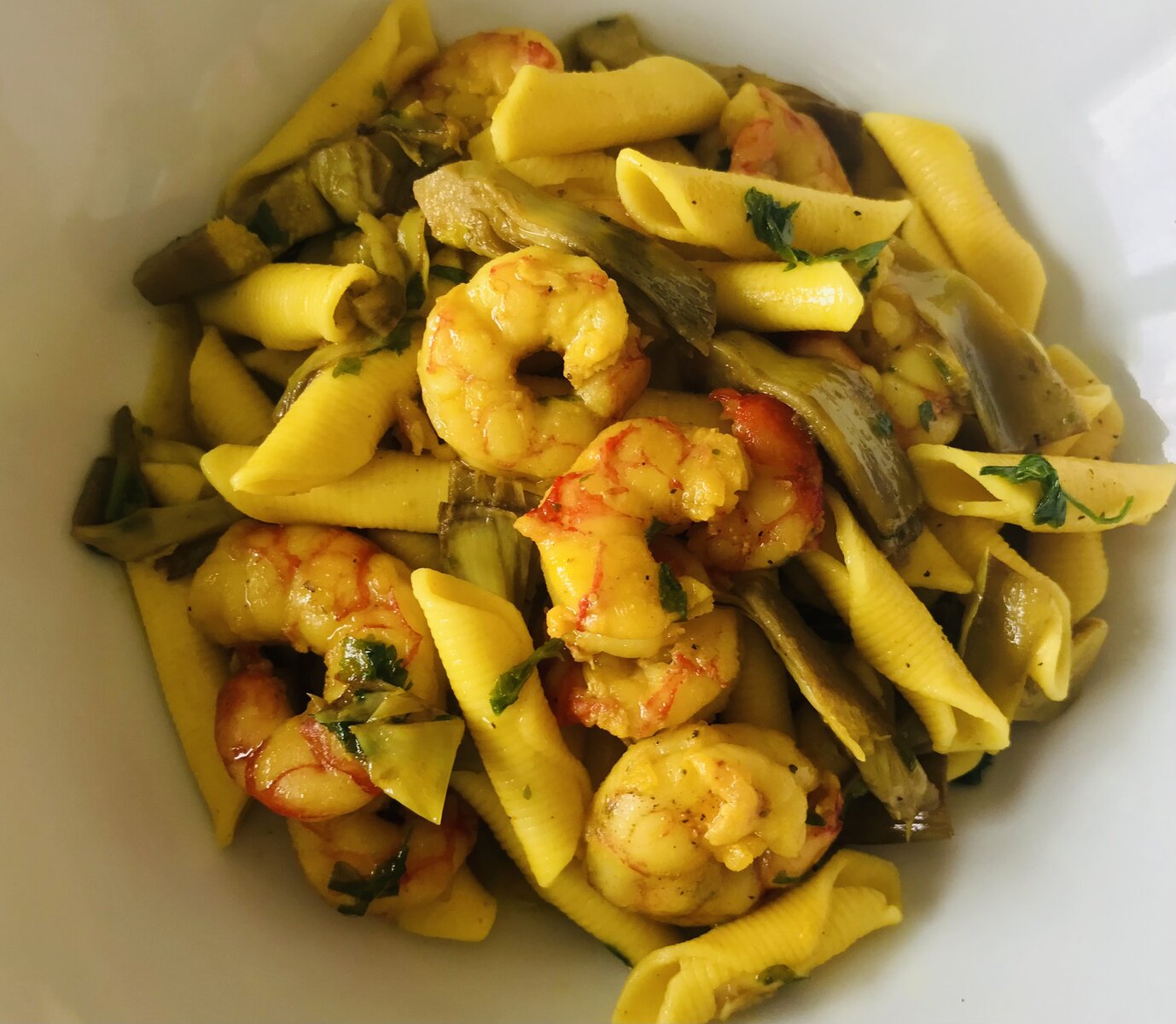 Saffron Garganelli with Prawns and Artichokes.jpeg