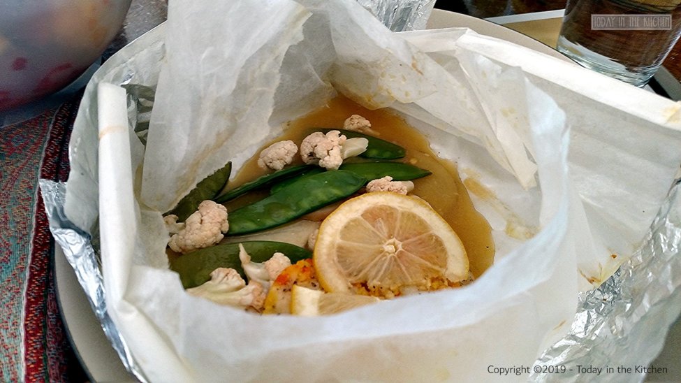 Saffron Lemon Garlic Cod en Papillote on plate