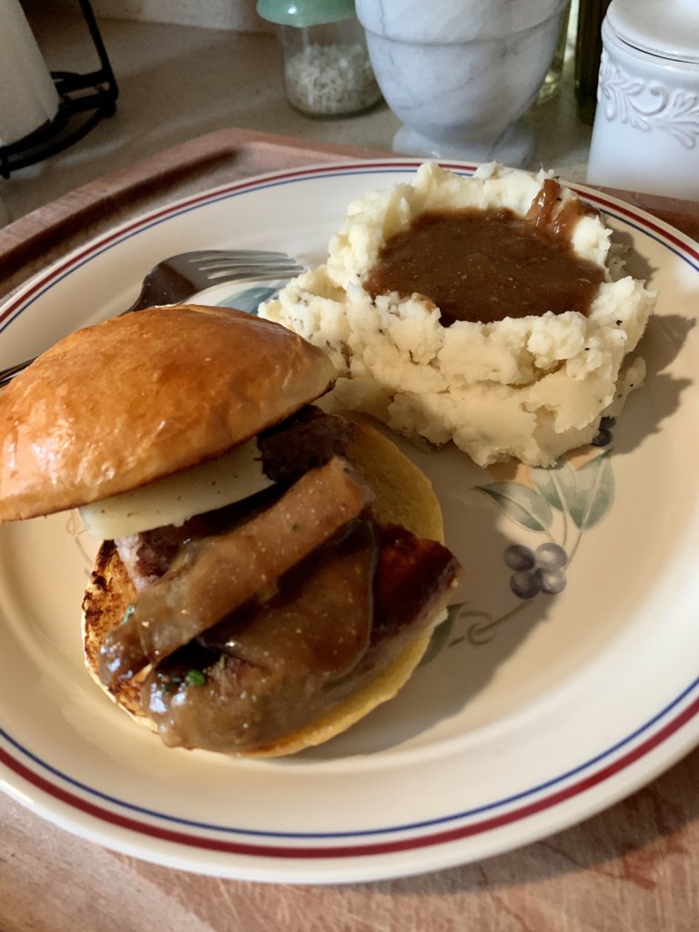 Sausage-Cheese Sandwich And Mash With Onion Gravy