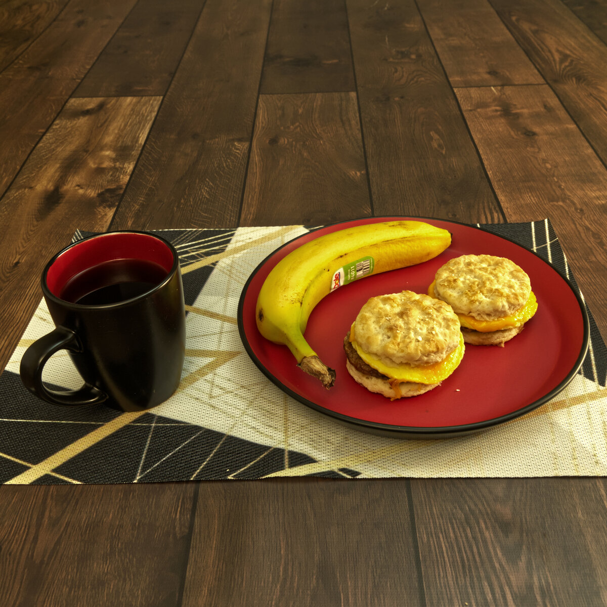 Sausage, Egg and Cheese Breakfast Biscuits, Banana and Coffee