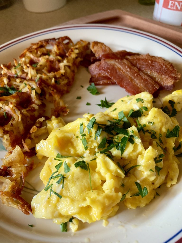 Scrambled Eggs, Bacon, And Hash Browns