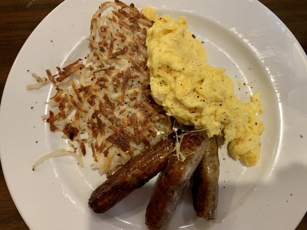 Scrambled Eggs, Hash Browns, And Sausage