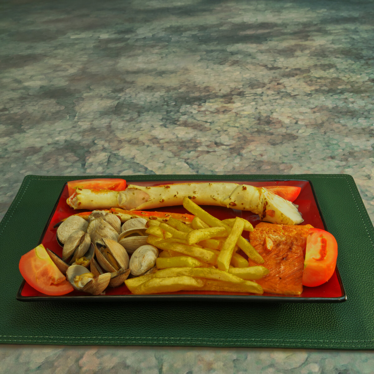 Seafood Plate - Salmon, Manila Clams, King Crab and French Fries