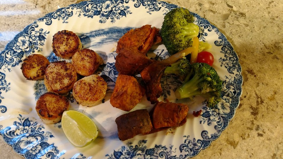 Seared Scallops..Cajun Roasted Sweet Potatoes...Brocolli Pompanero