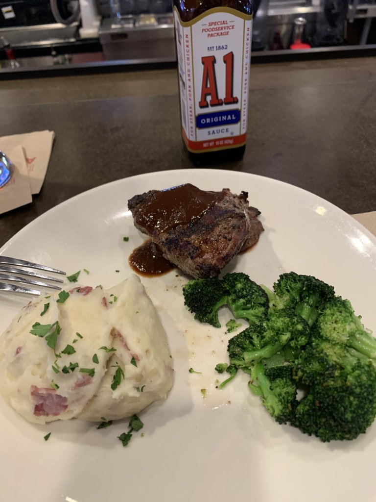 Sirloin, broccoli, and garlic mash