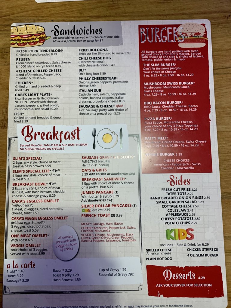 Slim's Menu 1