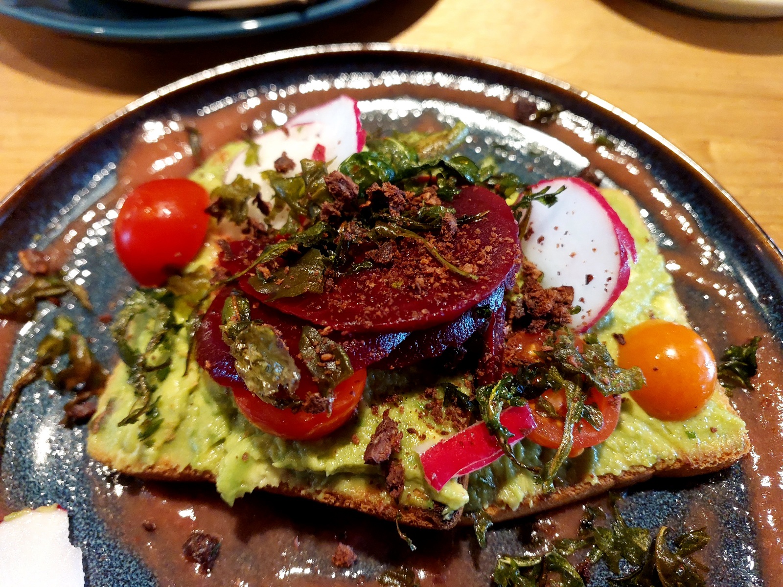 Smashed avo with beetroot and a rhubarb compote