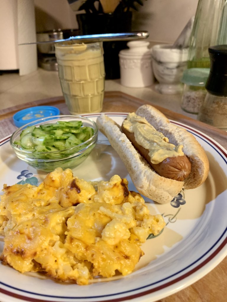 Smoked Sausage Dog, Macaroni And Cheese, Cucumber Salad