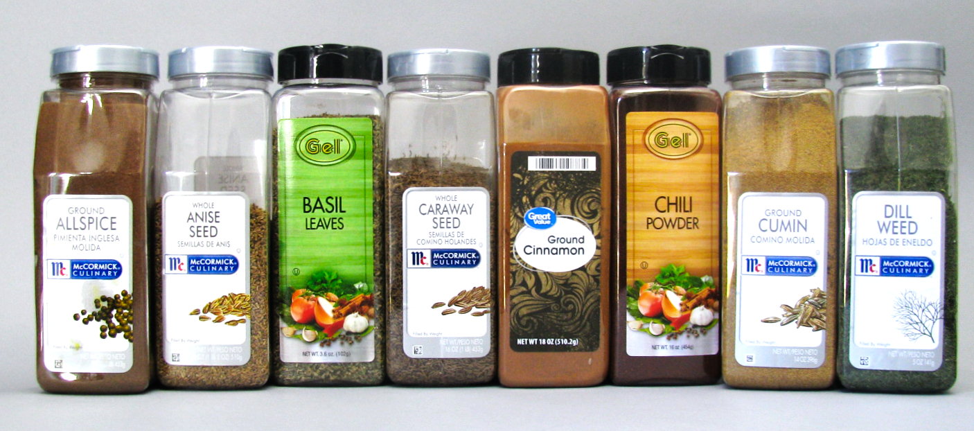 Spices - Allspice, Anise, Basil, Caraway Seed, Cinnamon, Chilli Powder, Cumin and Dill Weed