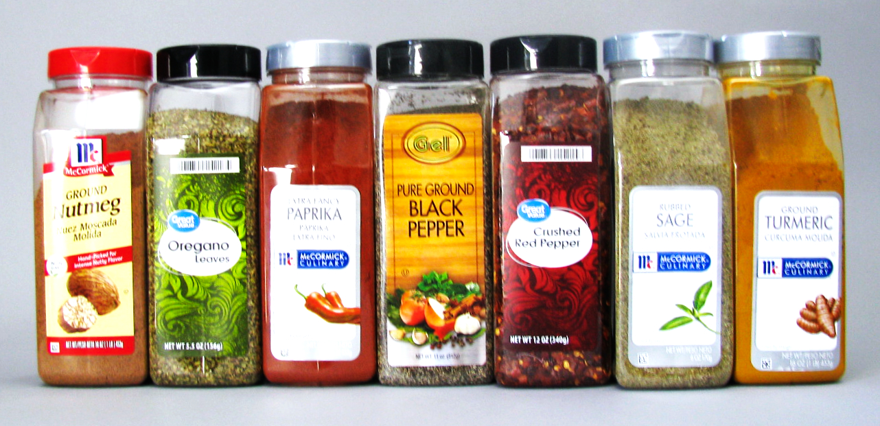 Spices - Nutmeg, Oregano, Paprika, Black Pepper, Red Pepper, Sage and Turmeric