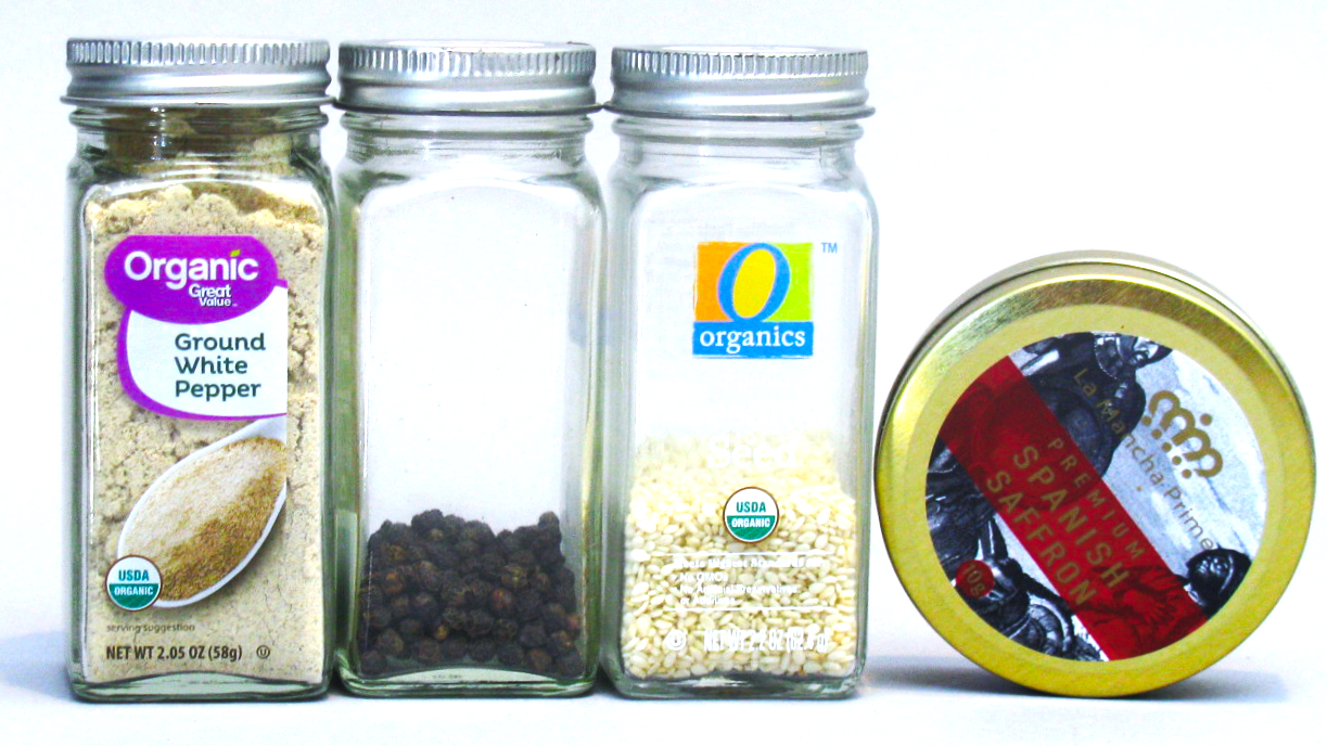 Spices - White Pepper, Black Peppercorns, White Sesame Seed and Saffron
