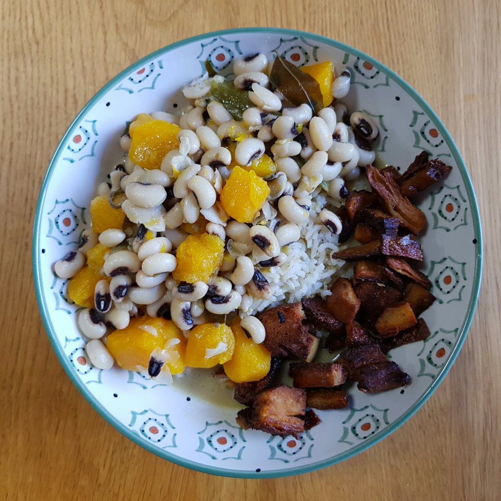 Squash and Black-Eyed Bean Curry with Rice & Fried Roast 'Duck'