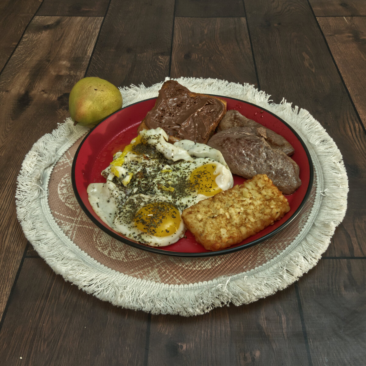 Steak & Eggs with a Hash Brown Patty, Hazelnut Cocoa Toast and a Pear