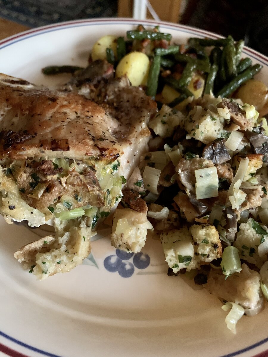 Stuffed Pork Chops w/ Blistered Green Beans & Potatoes