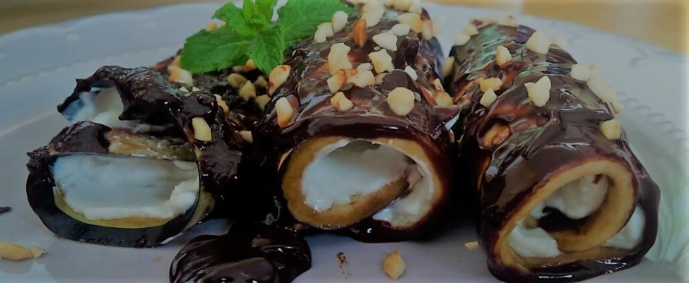 Sweet Aubergine Rolls with Chocolate and Fresh Cheese