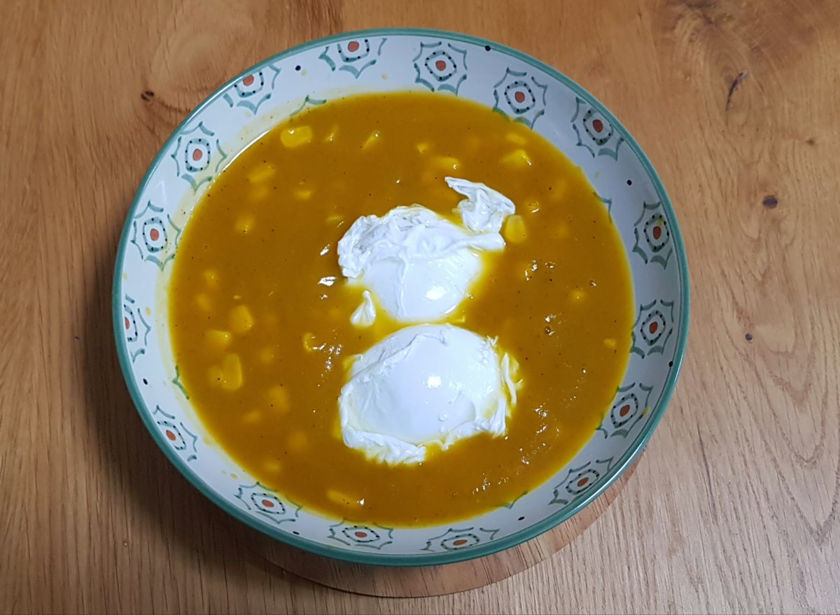 Sweet Potato, Pumpkin and Corn Chowder with poached eggs