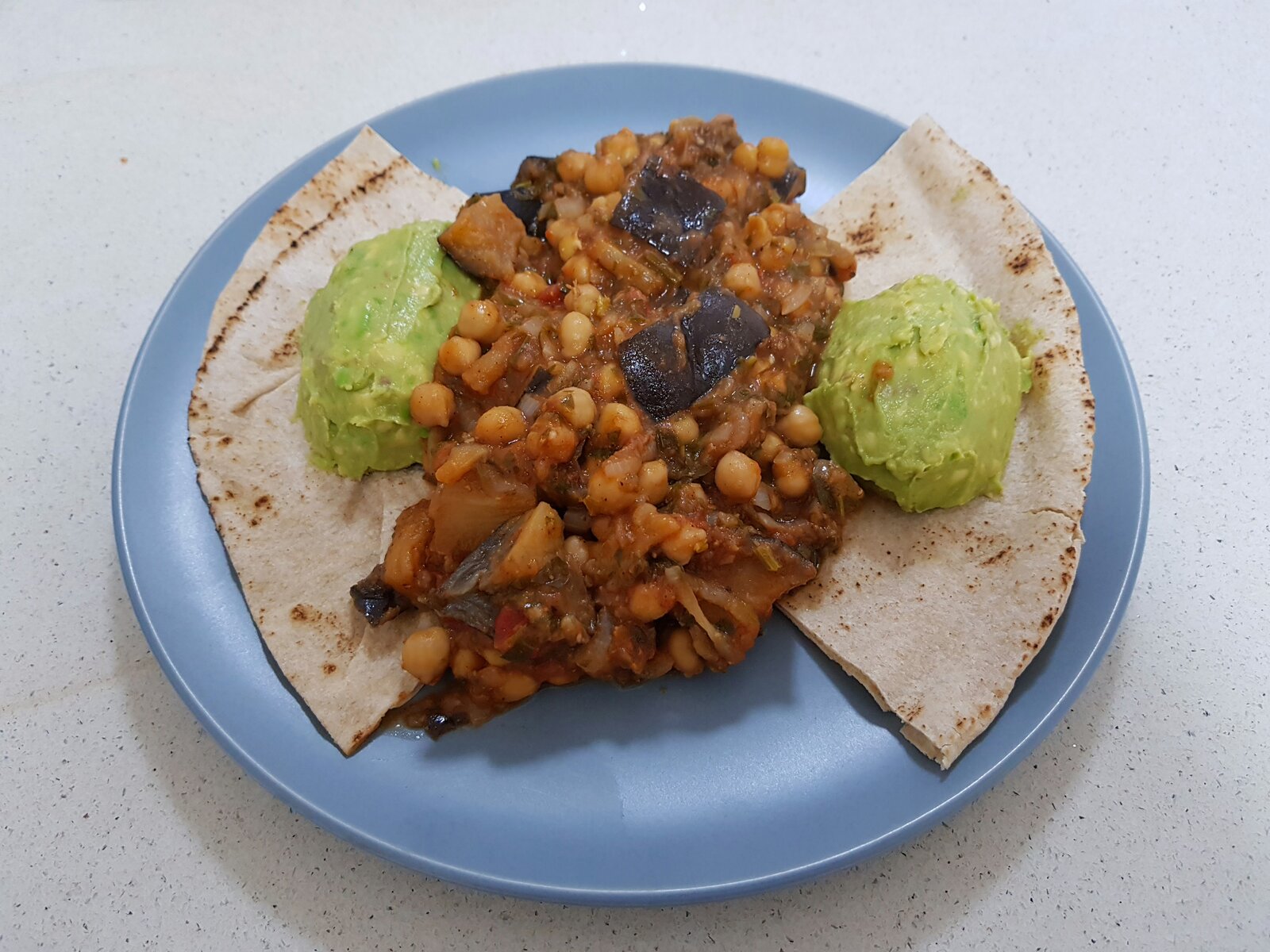 Syrian Aubergine & Chickpea Ragout with Lebanese Flatbread & Avo