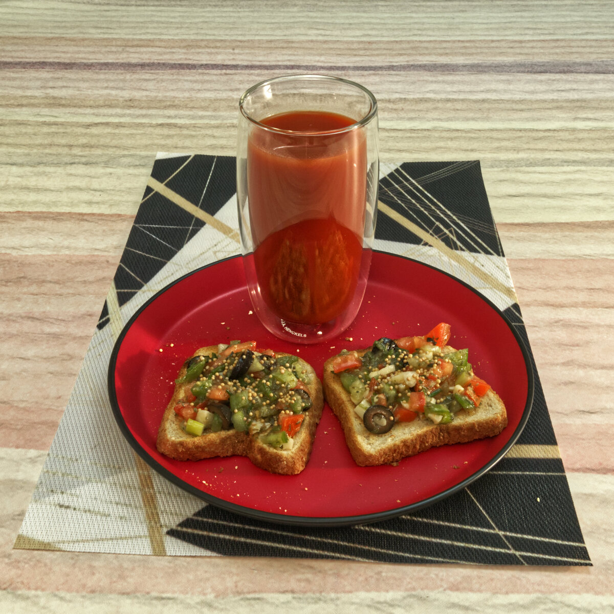 Tomato Tomatillo Vierge On Toast with Spicy Hot Tomato Juice