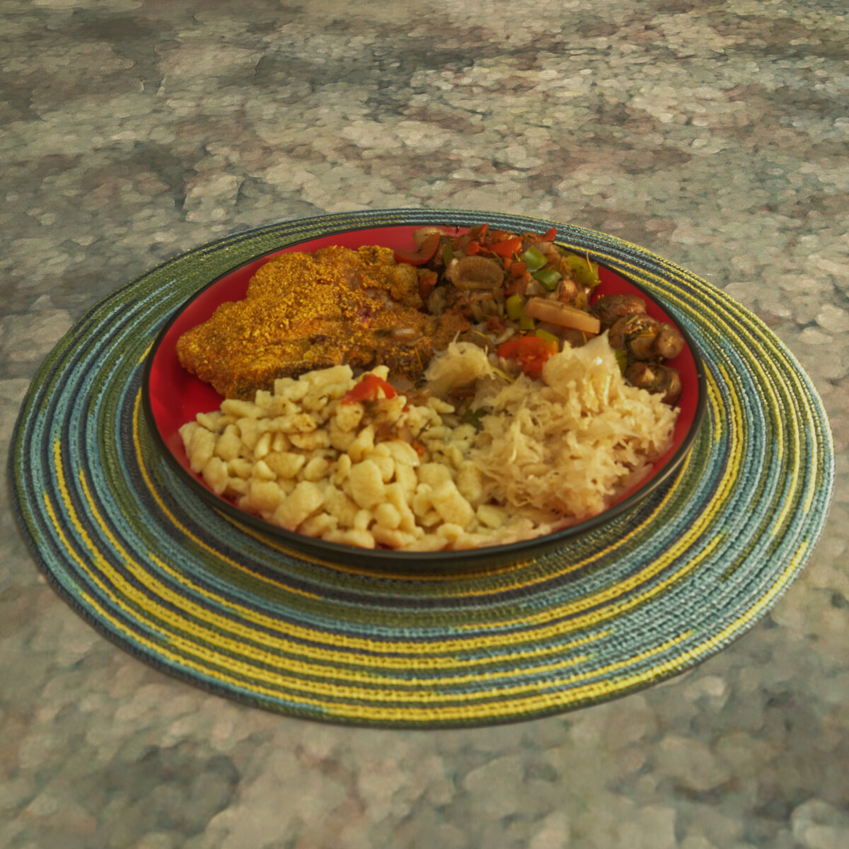 Veal Schnitzel with Spaetzle, Sauer Kraut and Mushroom, Shallots, Pepper and Tomato