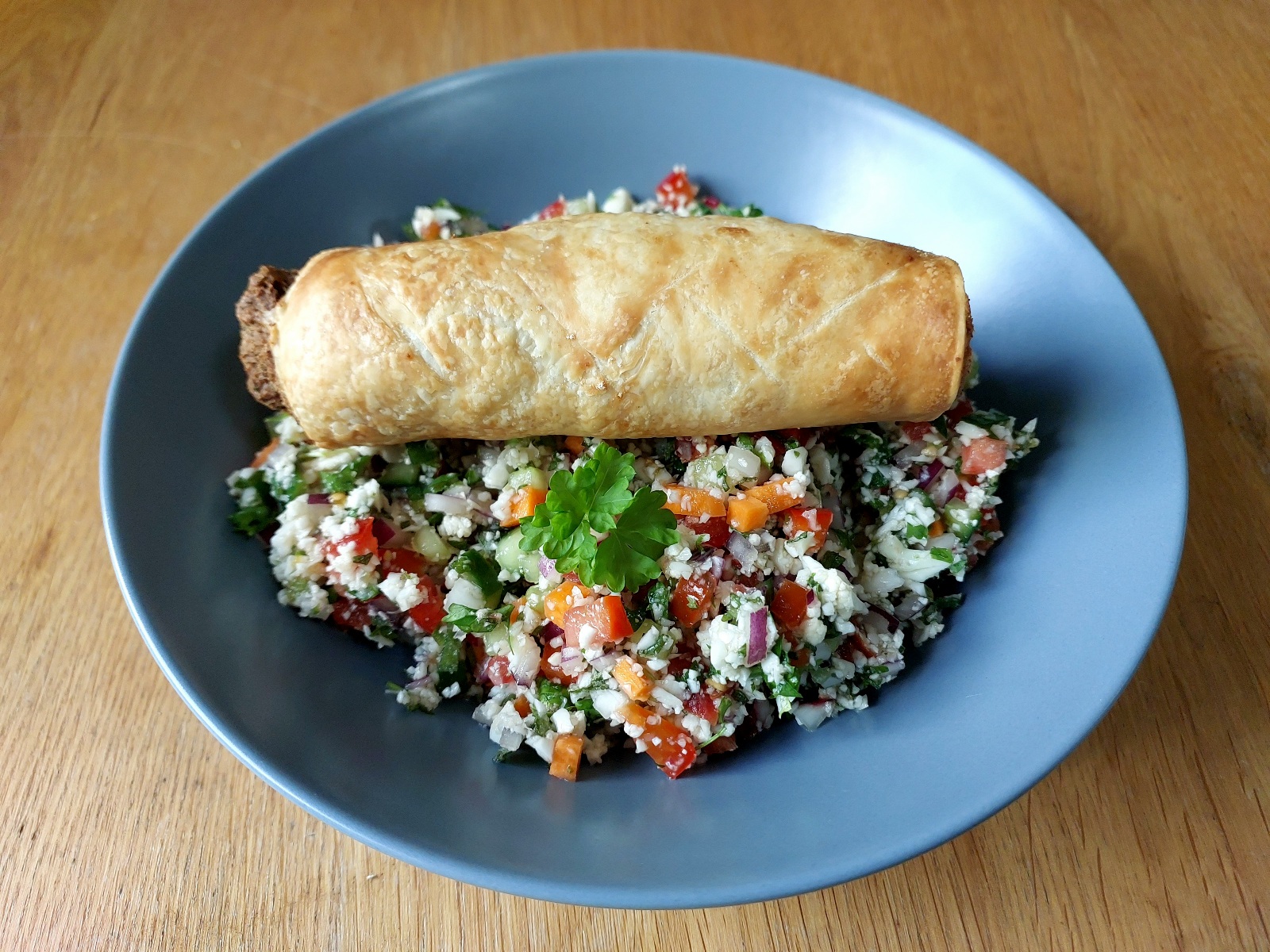 Vegan Chickpea Sausage Rolls & Cauliflower Rice Tabbouleh