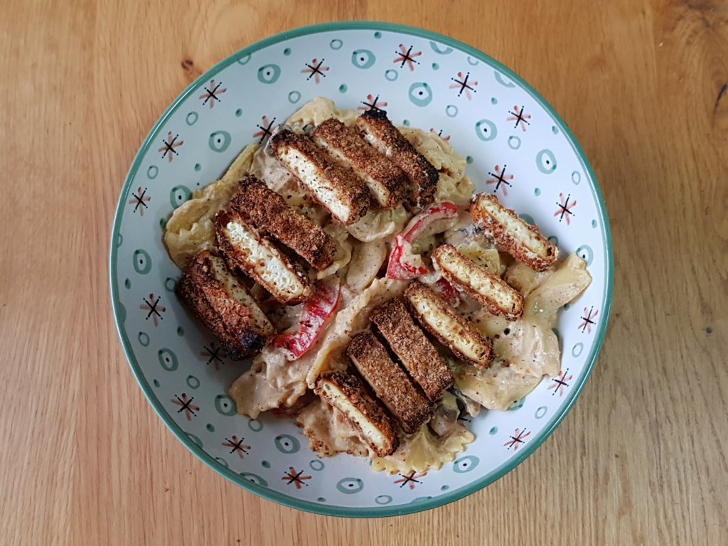 Vegan Creamy Cajun Pasta with Crisp Breaded tofu