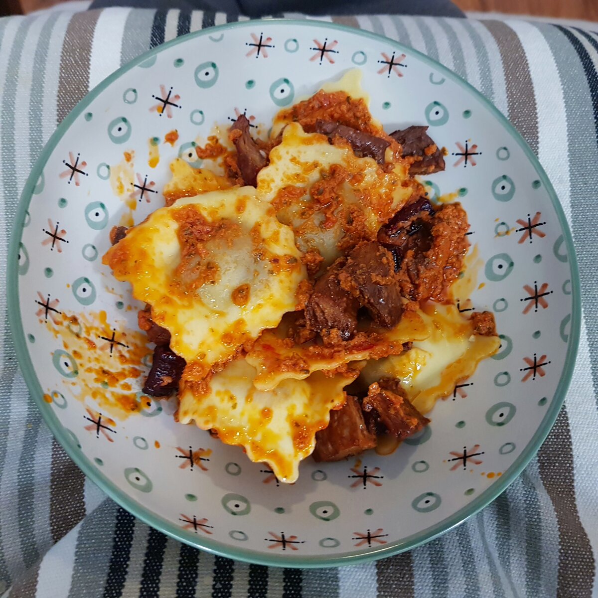 Vegan Fungi ravioli, vegan tomato pesto & roast soy duck