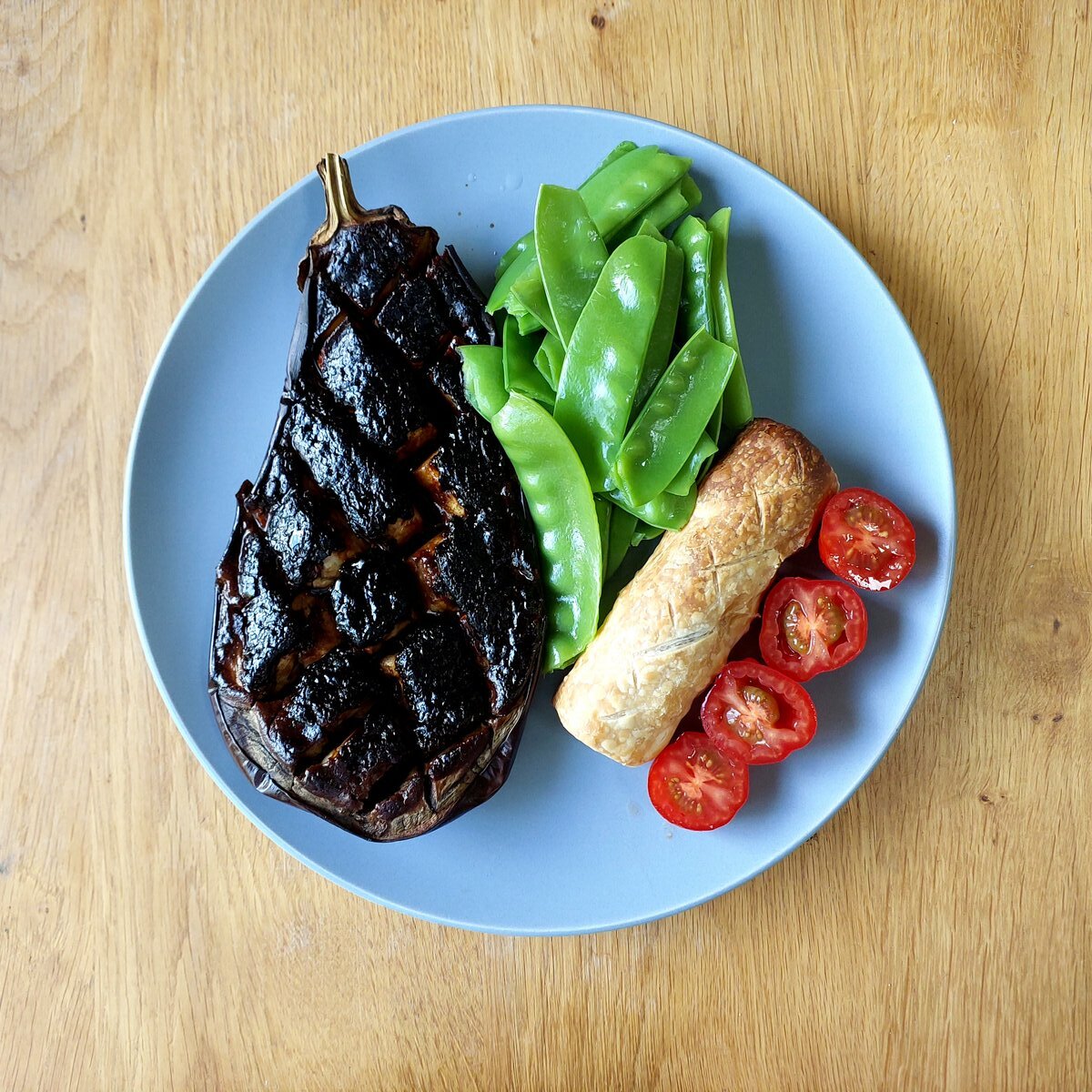 Vegan Sausage Rolls, Miso Glazed Aubergine & Snowpeas