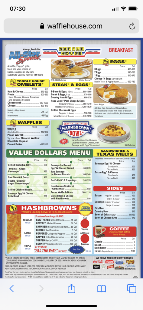 Waffle House Breakfast Menu