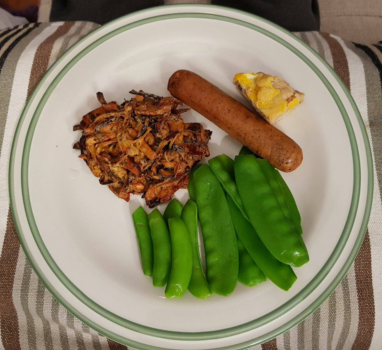 Wild Mushroom Biegnet, tofurky sausage, peas and sugar snaps with vegan egg-less Vietnamese egg loaf